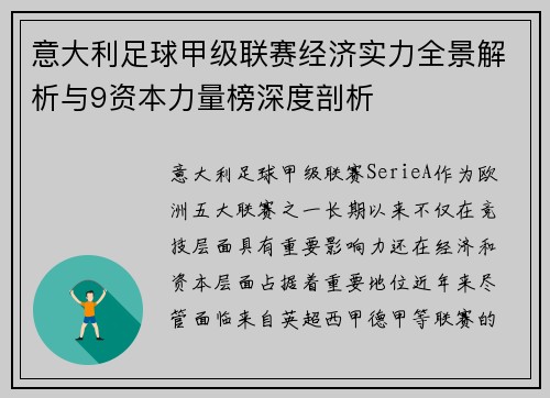 意大利足球甲级联赛经济实力全景解析与9资本力量榜深度剖析